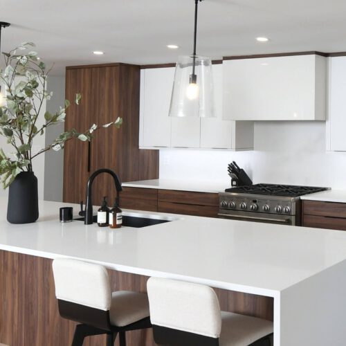 Modern contemporary kitchen by Casey's Kitchens with white flat-panel cabinets, dark wood lower cabinetry, a large white quartz island, a black faucet, and a tall plant centerpiece.